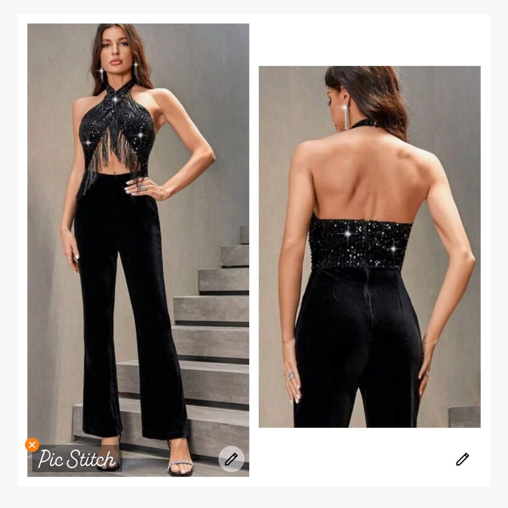 Zara Festive Days Black Sequin Fringe Velvet Halter Jumpsuit